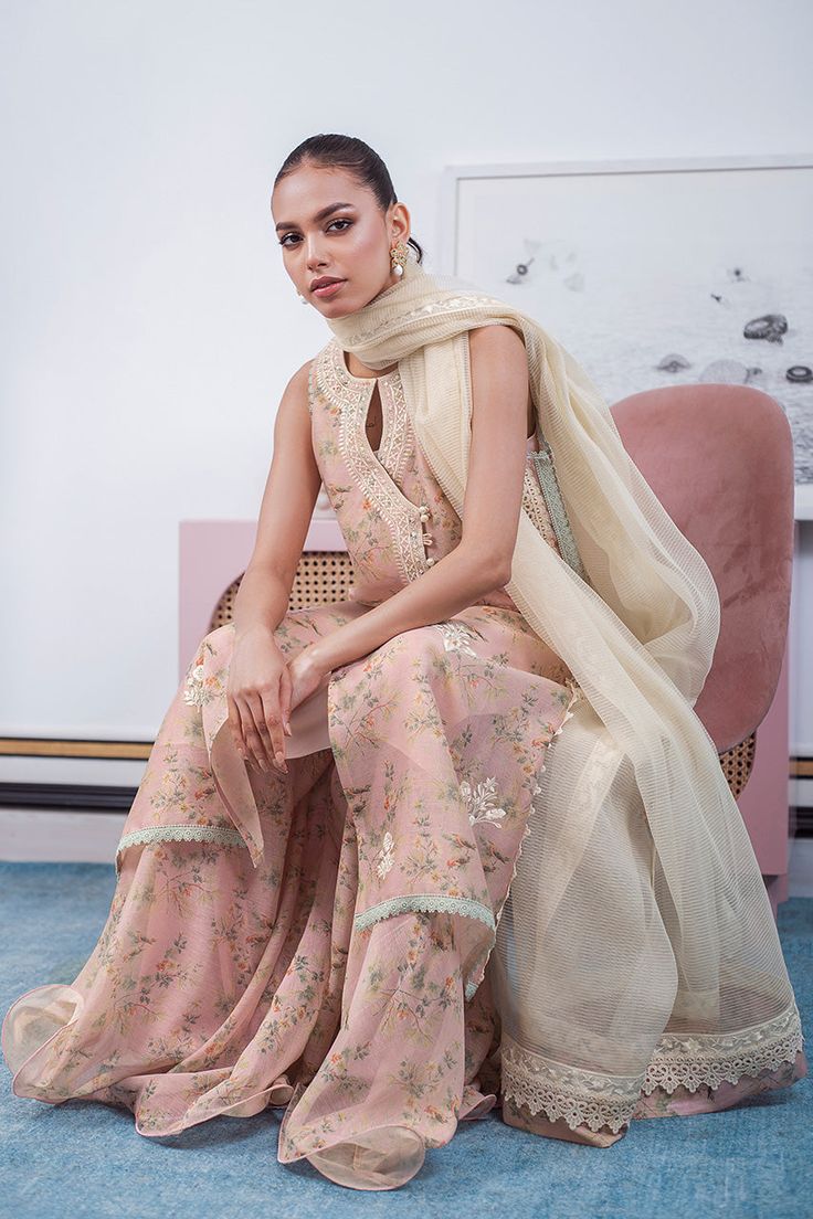 Shebnem – Sania Maskatiya International Elegant Georgette Sharara With Printed Motifs, Elegant Designer Sharara With Printed Motifs, Bollywood Style Beige Sets With Sheer Dupatta, Designer Kurta With Sheer Dupatta For Spring, Elegant Printed Motifs Sharara, Elegant Sets With Printed Motifs In Organza, Designer Spring Kurta With Sheer Dupatta, Elegant Organza Sets With Printed Motifs, Beige Festive Set With Sheer Dupatta