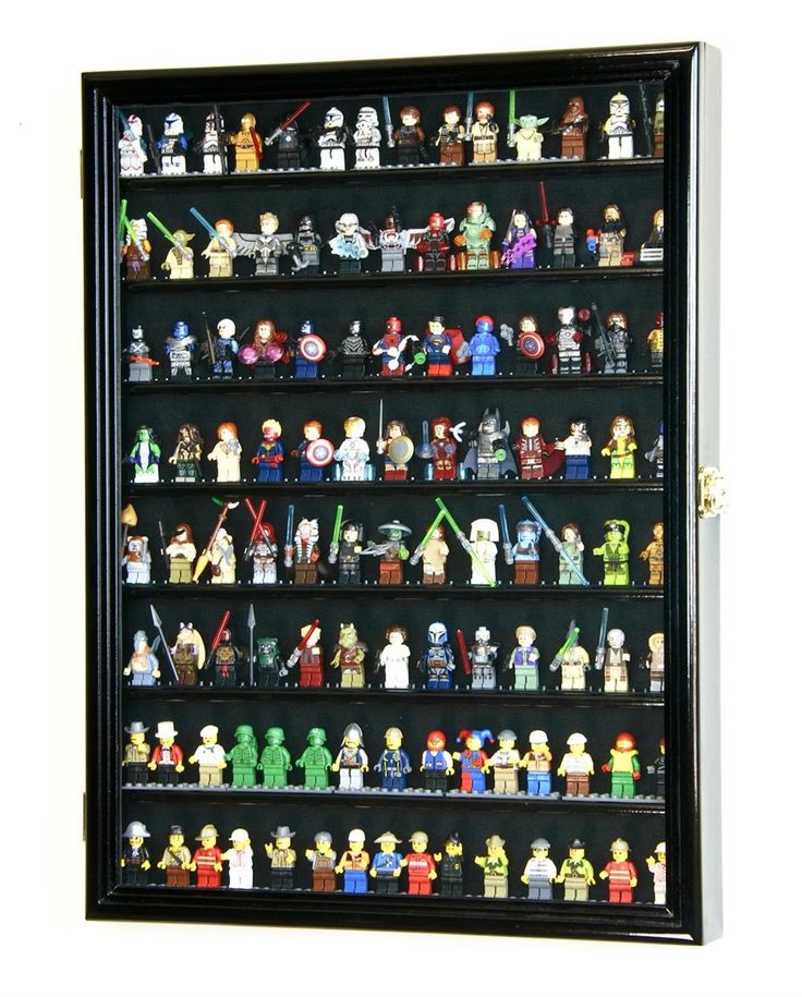 a display case filled with lego minifigures and action figures on black shelves