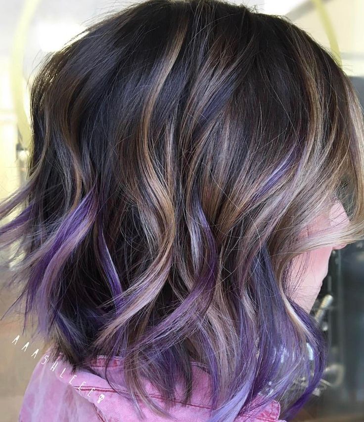 Short Hair With Purple Highlights, Short Hair With Purple, Hair With Purple Highlights, Purple Highlights Brown Hair, Highlights Purple, Hair With Purple, Purple Brown Hair, Dark Hair Dye, Short Purple Hair