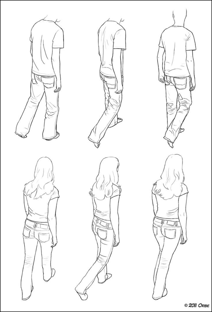 the back and side view of a person's body in four different poses, with their hands on their hips