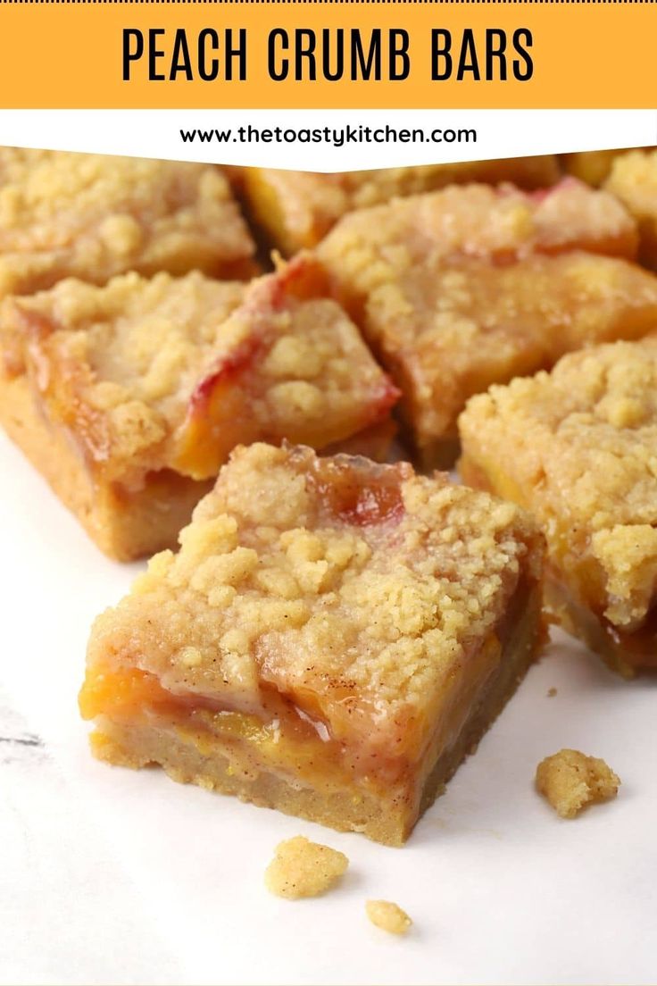 peach crumb bars stacked on top of each other with the words peach crumb bars above them