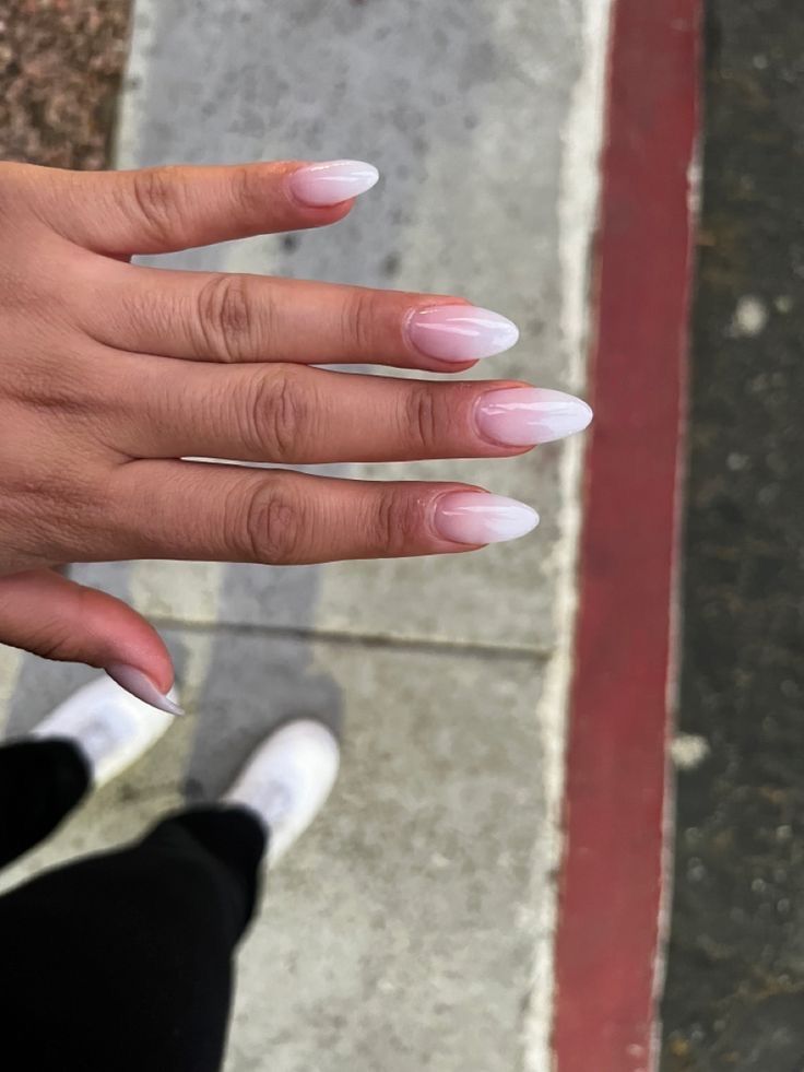 Milky White Tips Nails, Almond Nail Ombre French, Almond Faded Nails, Hombre Almond Nails, Milky White Ombré Nails, Vacation Nails Almond Shape White, Milky White Ombre Nails Almond, Nude To White Ombre Nails Almond, Pink And White Ombre Nails Almond Shape