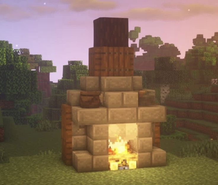 an image of a fire place in the middle of a minecraft village with trees and bushes