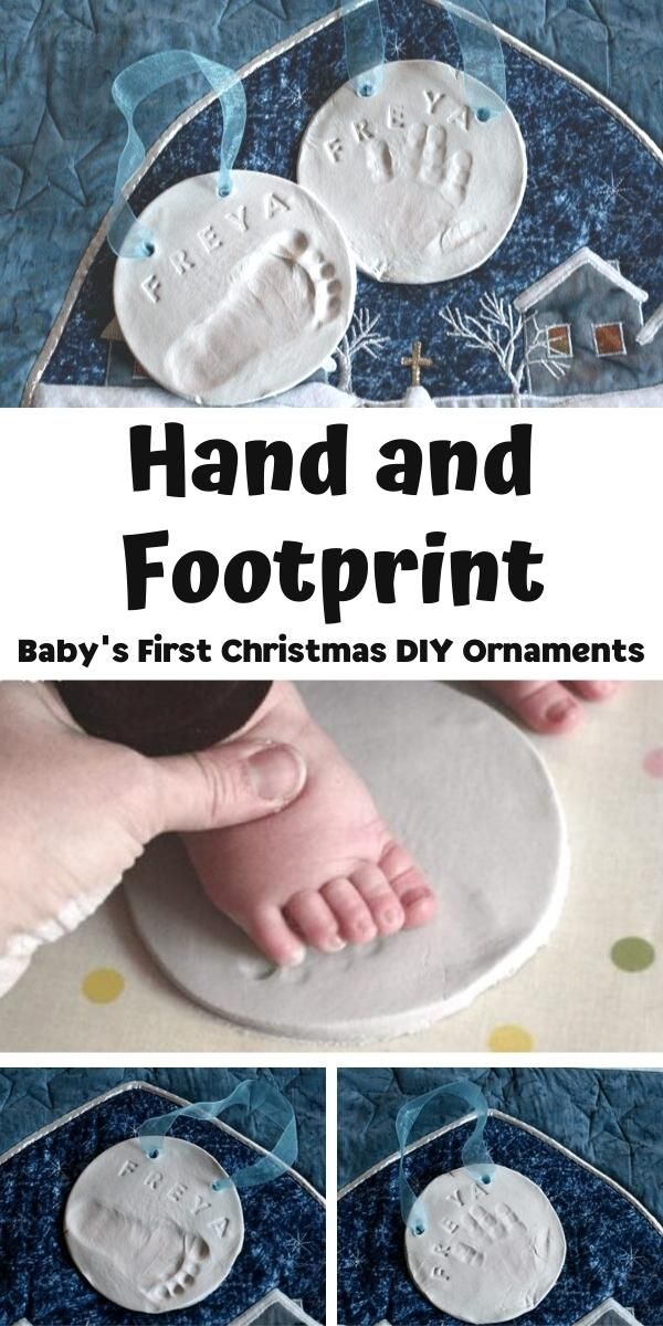 hand and footprint baby's first christmas diy ornament is shown