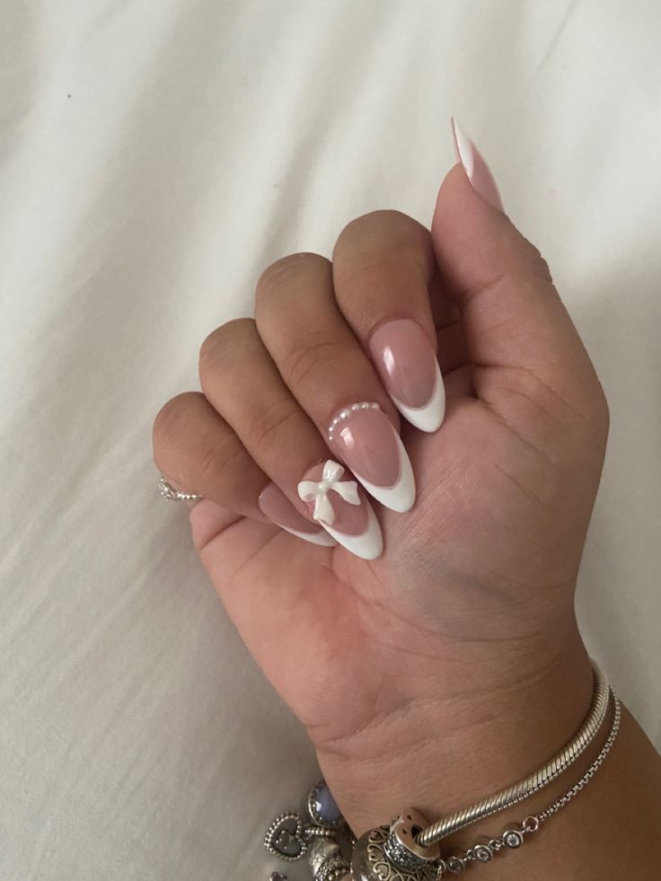 Cute french tip almond nails Tip Almond Nails, French Tip Almond Nails, French Tip Almond, Bow Nail Designs, Romantic Nails, Nagel Tips, Girly Acrylic Nails, Summery Nails, Almond Nails Designs