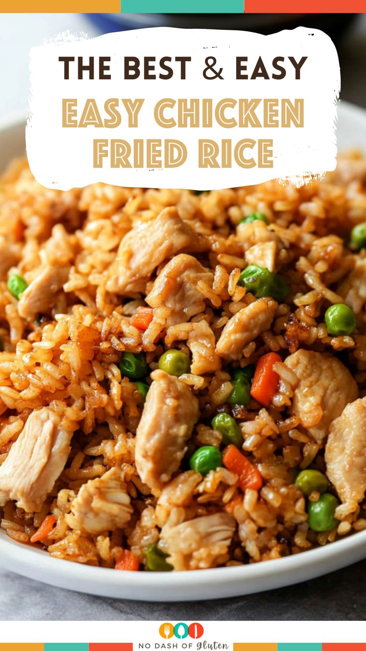 chicken fried rice in a white bowl with text overlay