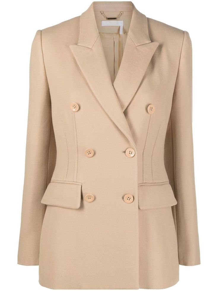 beige virgin wool silk lining peak lapels double-breasted button fastening long sleeves two side flap pockets buttoned cuffs Luxury Cream Wool Blazer, Classic Cream Double-breasted Blazer, Cream Double-breasted Tailored Outerwear, Farfetch Coat, Luxury Beige Double-breasted Wool Coat, Pop Clothing, Elegant Blazers, Designer Jackets, Power Dressing