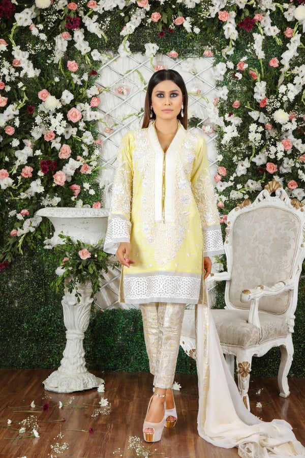 Cross Stitch Lemon Shirt, Net Shirt, Resham Work, Gold Pants, Designer Outfit, Eid Outfits, Fancy Kurti, Pure Chiffon, Indian Bridal Wear