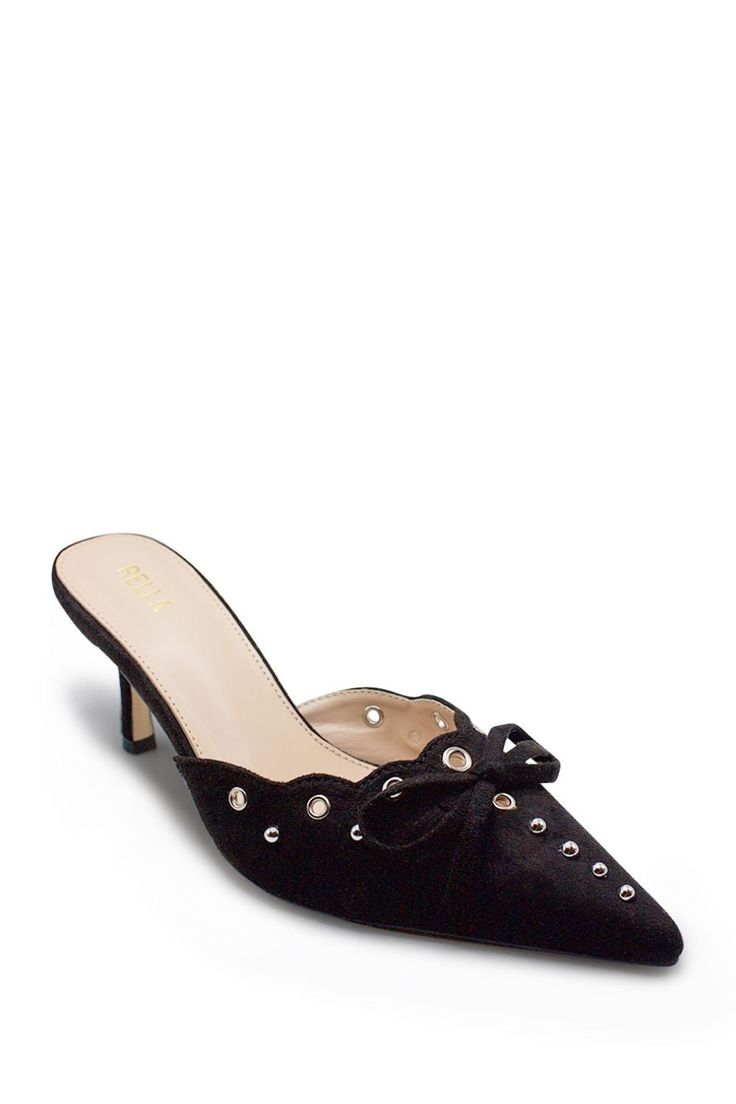 This style's kitten heel and studded details are matched with a pointed toe for a vintage look. A delicate bow completes the iconic shoe. Sizing: true to size Pointed toe Cutout details with bow Slip-on Approx. 2" kitten heel Luxury Wrapped Heel Pointed Toe Kitten Heels, Cocktail Kitten Heels With 4-inch Pointed Toe, Luxury Bow Mules With Pointed Toe, Elegant Black Pointed Toe Kitten Heels, Glamorous 4-inch Heel Pointed Toe Kitten Heels, Wide Boots, Boot Sandals, British Indian Ocean Territory, Ethiopia