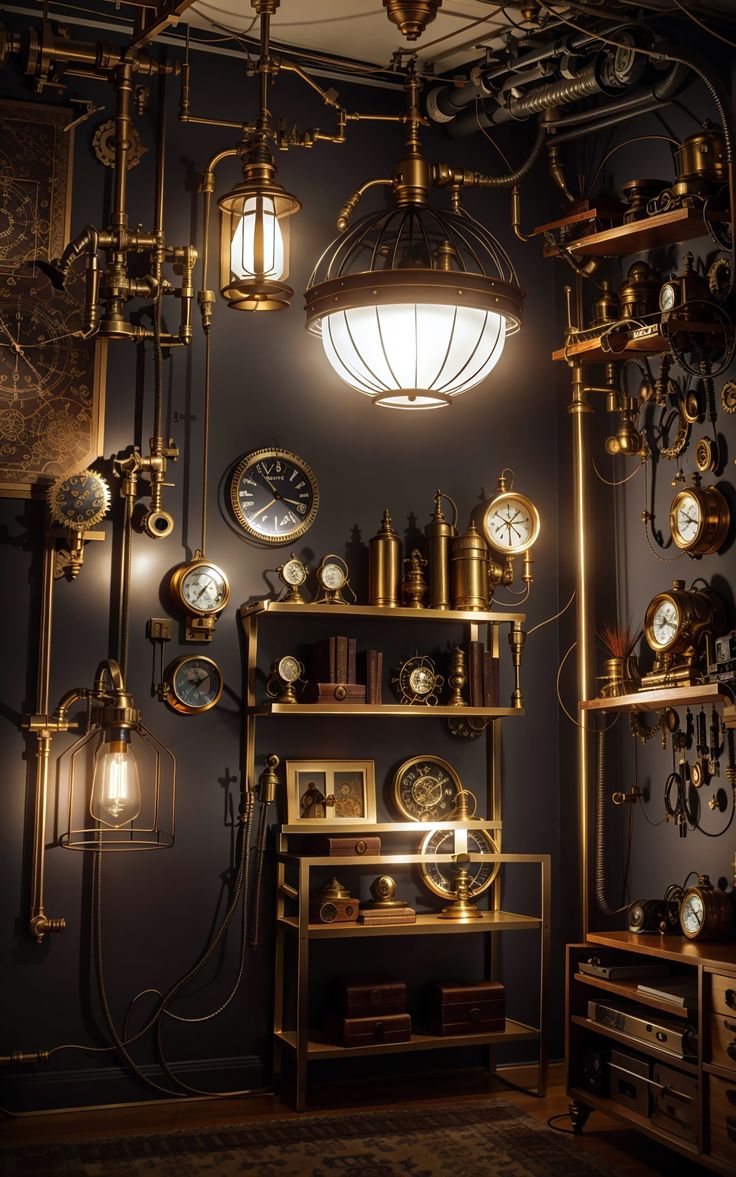 a room filled with lots of clocks and lights