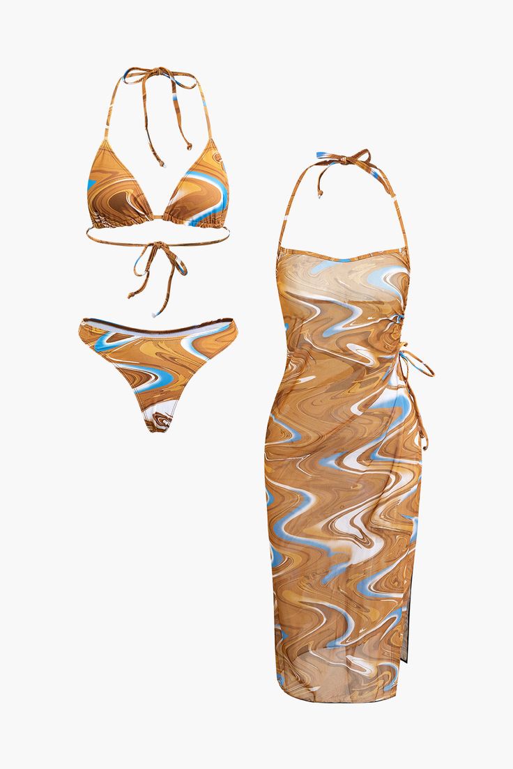 Abstract Print Tie Halter Bikini And Slit Midi Dress Swimsuit Set Earth Tone Dress, Dress Swimsuit, Abstract Dress, Swimwear Trends, Swimsuit Dress, Swimsuit Set, Petite Women, List Style, Hats For Sale