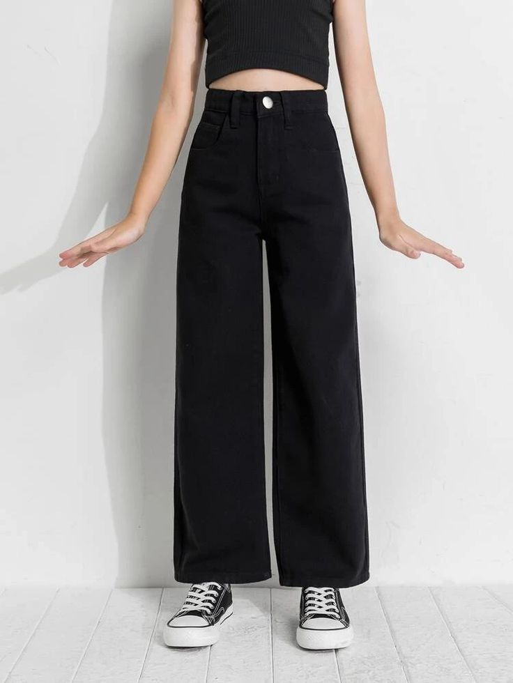 بنطلون Wide Leg جينز, Black Jeans High Waisted, Shein Black Jeans, Black Jeans Pants Outfit, Black High Waisted Jeans Outfit, Black Wide Jeans, Black Jeans For Girls, Wide Leg Black Jeans Outfit, Black Wide Leg Jeans Outfit