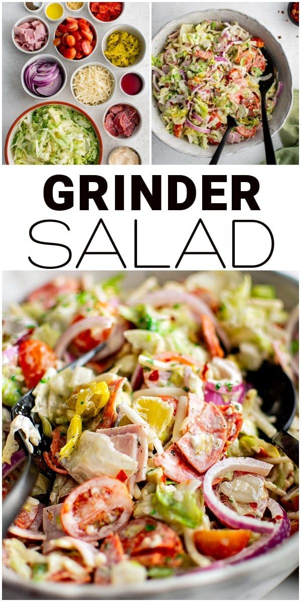 this is a collage of different salads with the words, grinder salad