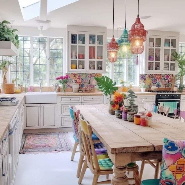 a kitchen filled with lots of colorful furniture and decor on top of a wooden table