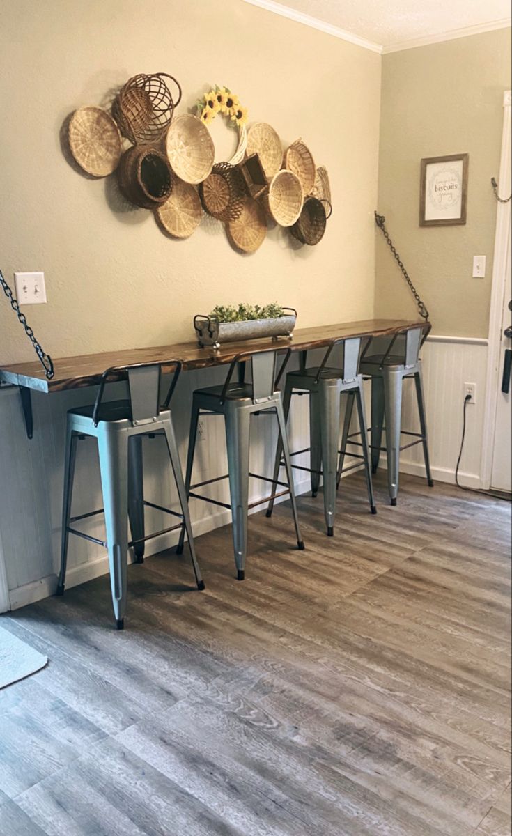 a room with several stools and plates on the wall