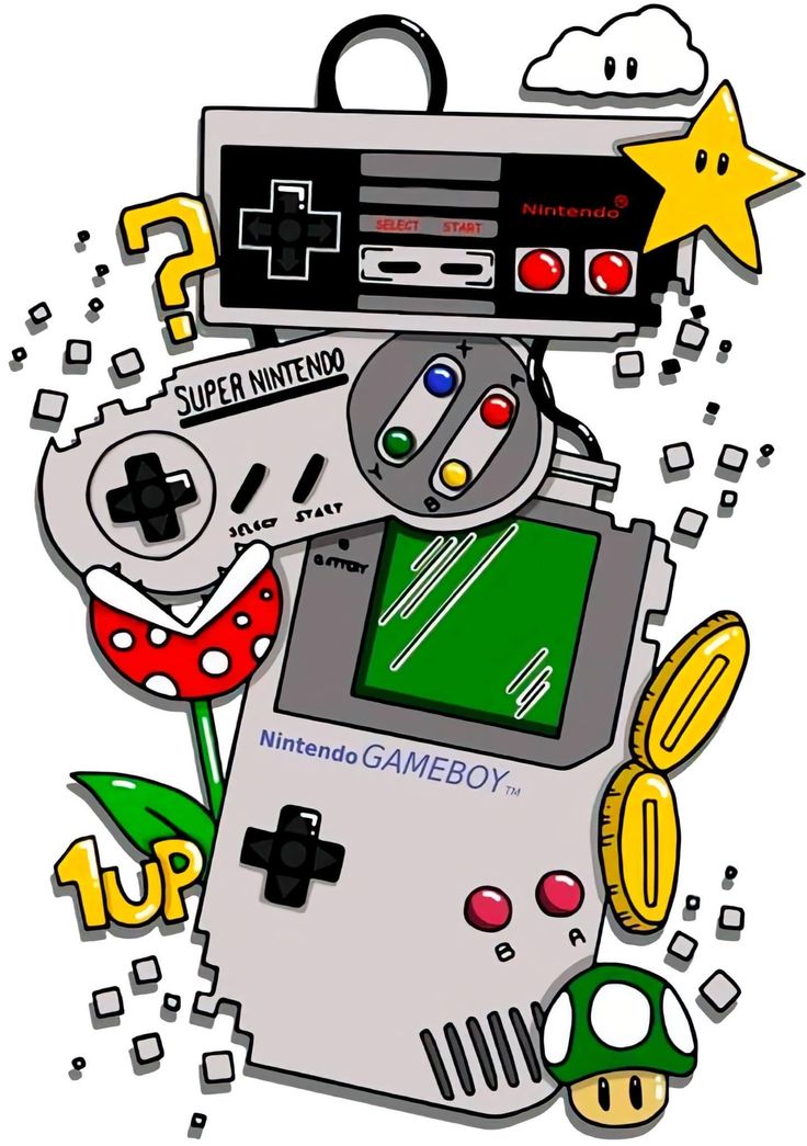 an old nintendo gameboy surrounded by video games and other objects in the background with stars