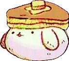 a drawing of a cartoon character with pancakes on his head and eyes, wearing a hat