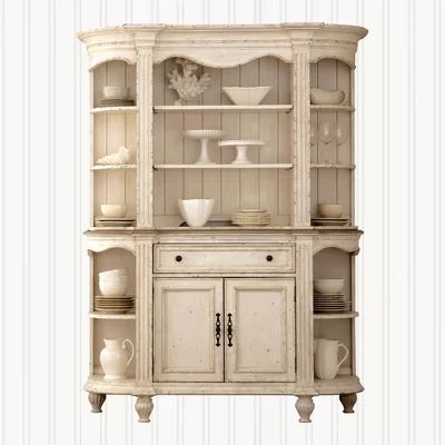 an old white china cabinet with glass doors and shelves on the front, side by side