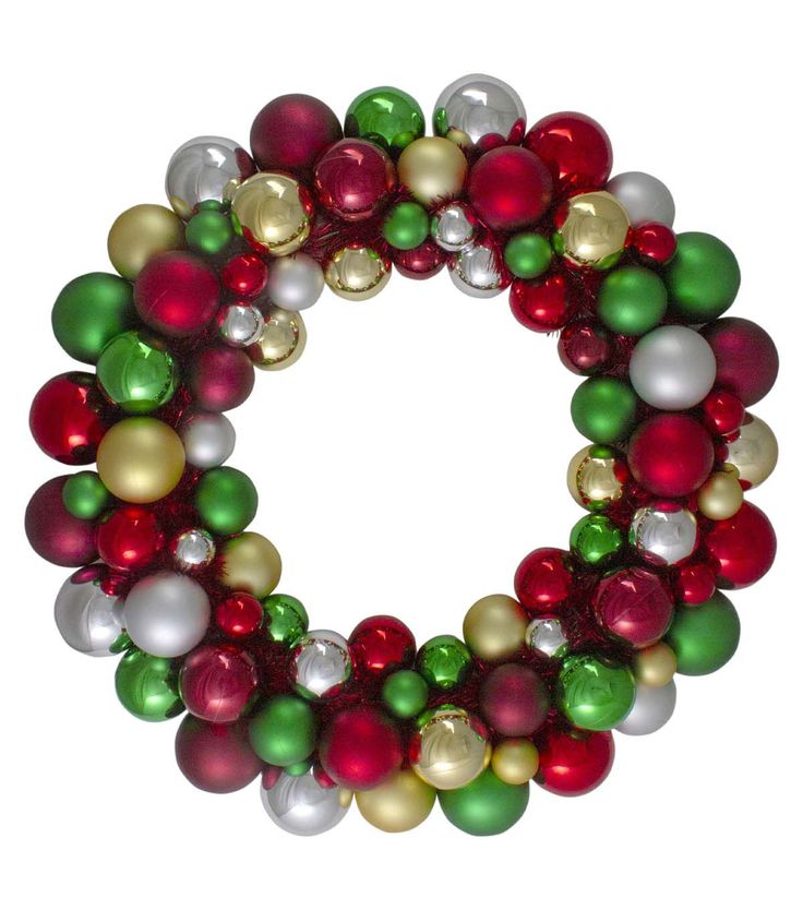 a wreath made out of christmas balls and other holiday decorations on a white background with copy space