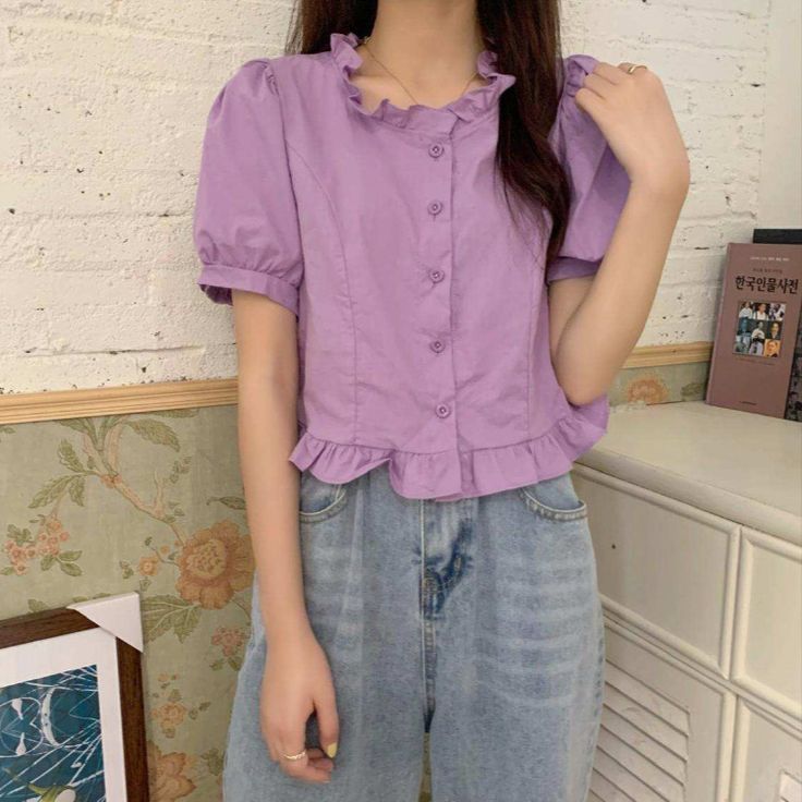 Short Sleeve Ruffle Design Blouse Shirts Purple Solid Cotton Top, Purple Solid Color Cotton Top, Cotton Puff Sleeve Top In Solid Color, Cotton Puff Sleeve Tops In Solid Color, Cotton Tops With Puff Sleeves In Solid Color, Casual Purple Puff Sleeve Tops, Casual Puff Sleeve Tops With Buttons, Casual Purple Blouse With Puff Sleeves, Casual Purple Puff Sleeve Blouse