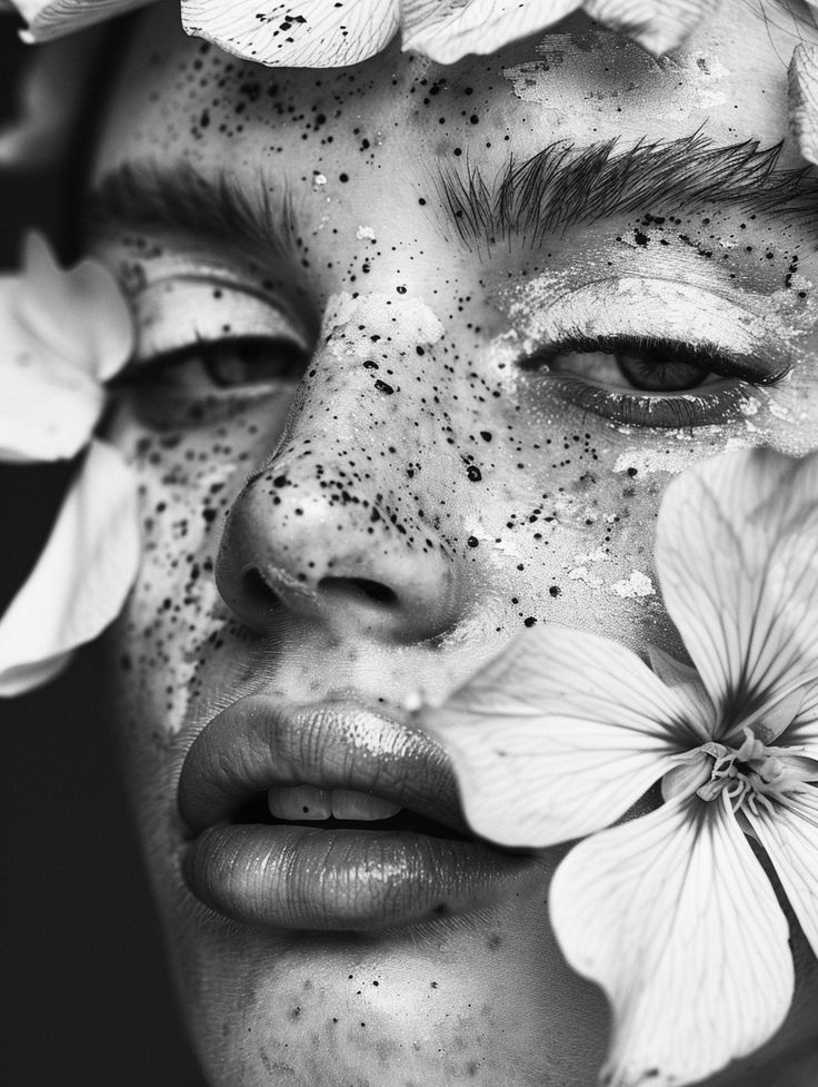 a black and white photo of a woman with flowers on her face