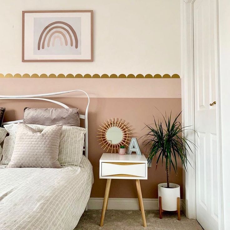 Pink scandi inspired girls bedroom. I used @Farrow & Ball sulking room pink to create this colour blocking effect and some custom gold scallop transfers Sulking Room Pink, Monster Room, Girls Bedroom Colors, Dado Rail, Colour Blocking, Big Girl Rooms, Pink Bedroom, Little Greene, Big Girl