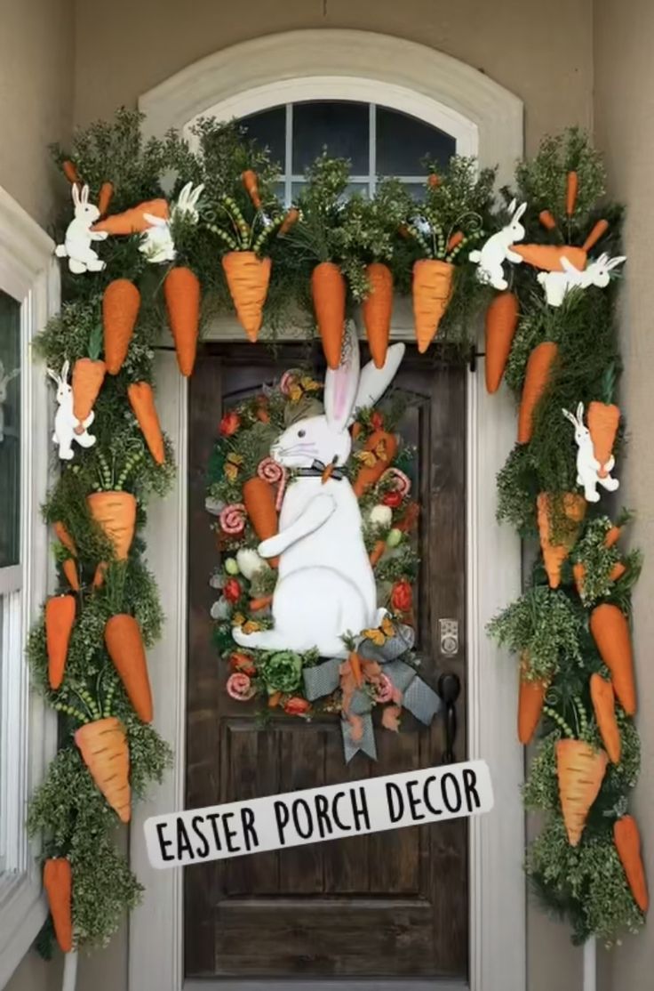 an easter porch decoration with carrots and bunny ears