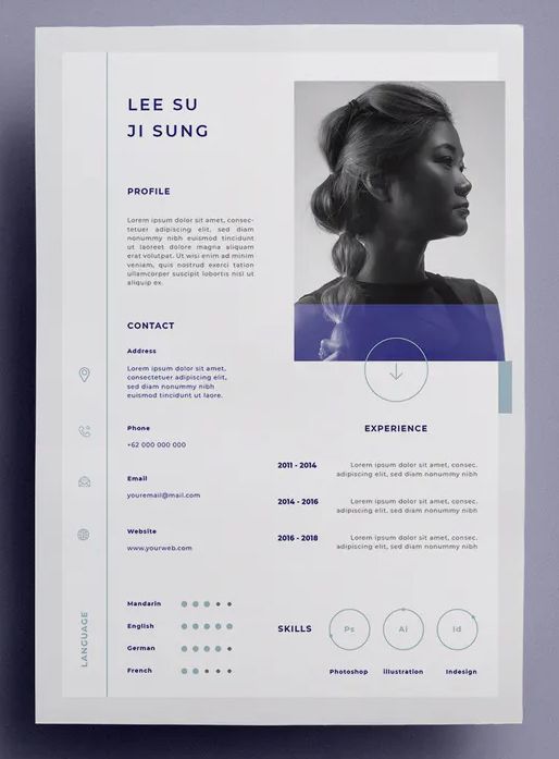 a white and blue resume template with an image of a woman's face on it