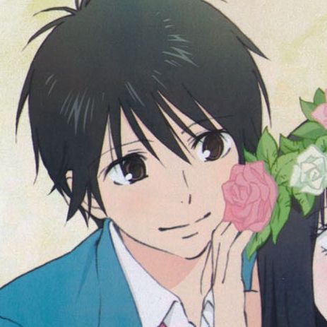 two anime characters one holding a flower and the other looking at his face in front of him