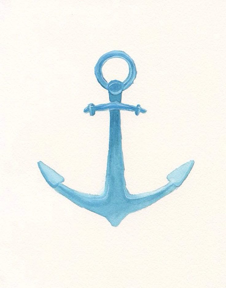 an anchor drawn in watercolor on white paper with blue ink, and the letter o