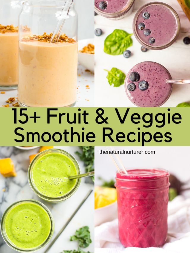 different smoothies and smoothie drinks are shown in this collage with the words, 15 + fruit & veggie smoothie recipes