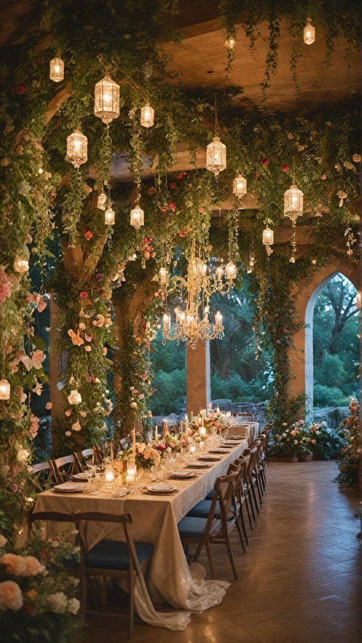 an outdoor dining area with candles and greenery on the walls, chandeliers hanging from the ceiling