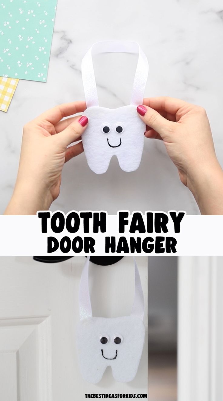 tooth shaped door hanger with text overlay that says, tooth fairy door hanger