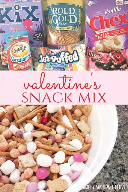 valentine's snack mix in a white bowl