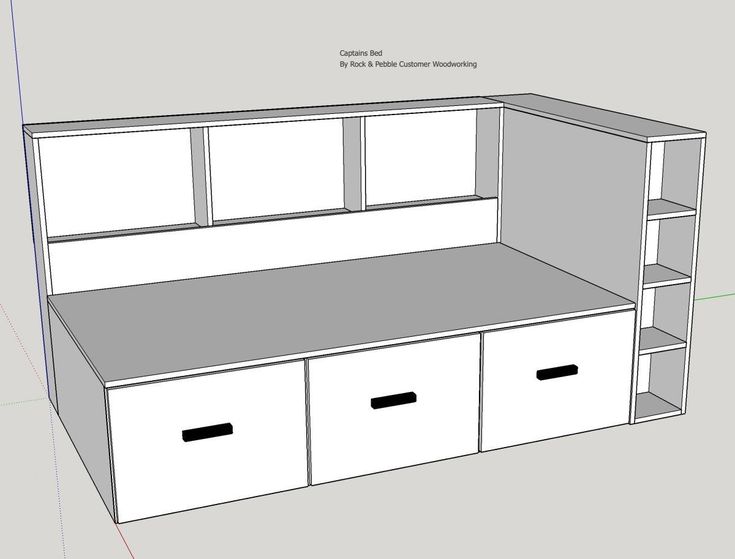 a drawing of a desk with drawers and shelves on it's side, next to an outline of the wall