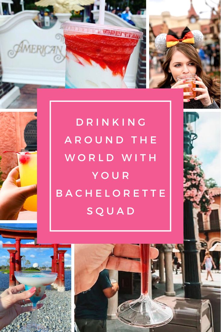 the words drinking around the world with your bachelor squad in pink over photos of people at an amusement park