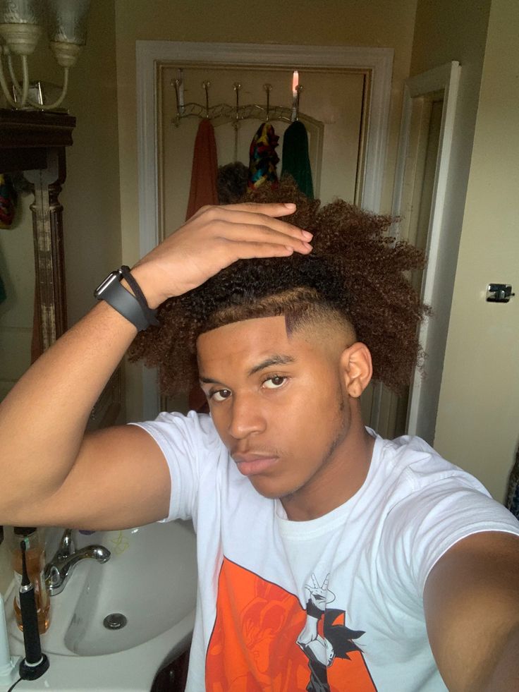 Skunk Stripe Hair Black Men, Afro Hair Dye Colors, Brown Curly Hair Men, Brown Hair Dye Men, Black Men Hair Dye Ideas, 4c Hair Dye Ideas, Waves 360, Afro Taper, Afro Hair Dye