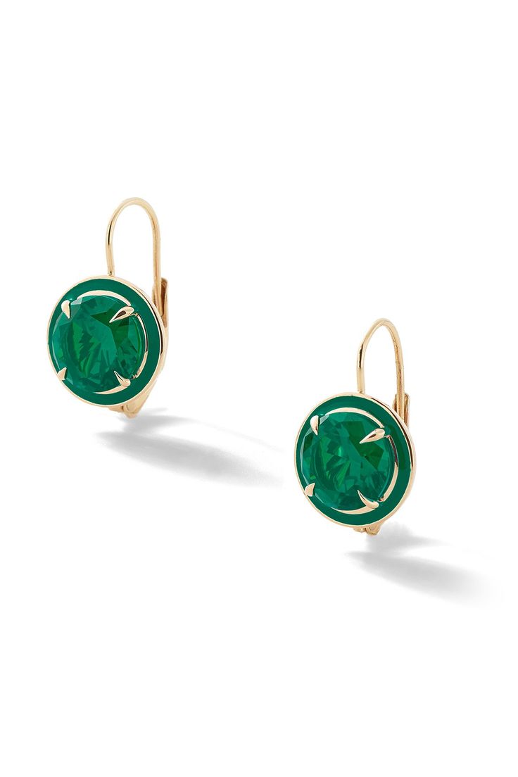 Make a statement with our signature 14K Yellow Gold Round Cocktail Drop Earrings featuring colored enamel and lab created gemstones. Due to the custom nature of this product, please allow 20 business days for production. These are final sale. 14K Yellow Gold, Made in New York City Elegant Round Enamel Jewelry, Round Polished Evening Earrings, Polished Round Earrings For Evening, Round Polished Finish Earrings For Evening, Elegant Gemstone Earrings With Enamel, Elegant Enamel Earrings With Gemstones, Elegant Enamel Jewelry With Gemstone, Elegant Enamel Pierced Earrings, Elegant Enamel Jewelry