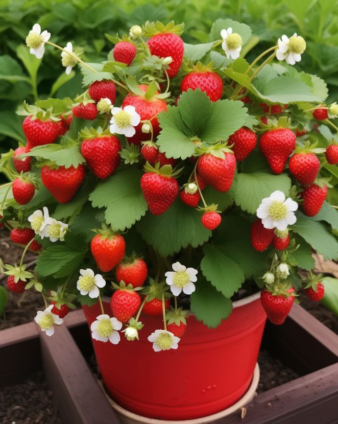 a potted plant with strawberries and white flowers in the center, surrounded by other plants