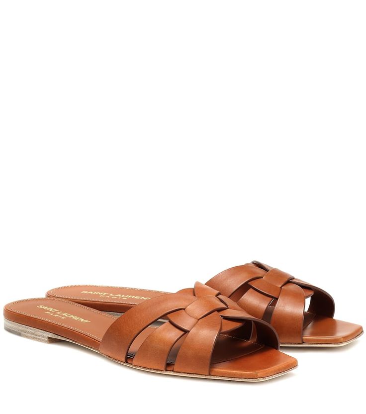 Tribute Leather Sandals - Saint Laurent | mytheresa.com Boots For Women Ankle, Square Toe Shoes, Shearling Slippers, Amber Brown, Sandals Casual, Leather Slide Sandals, Casual Slippers, Slipper Sandals, Winter Boots Women