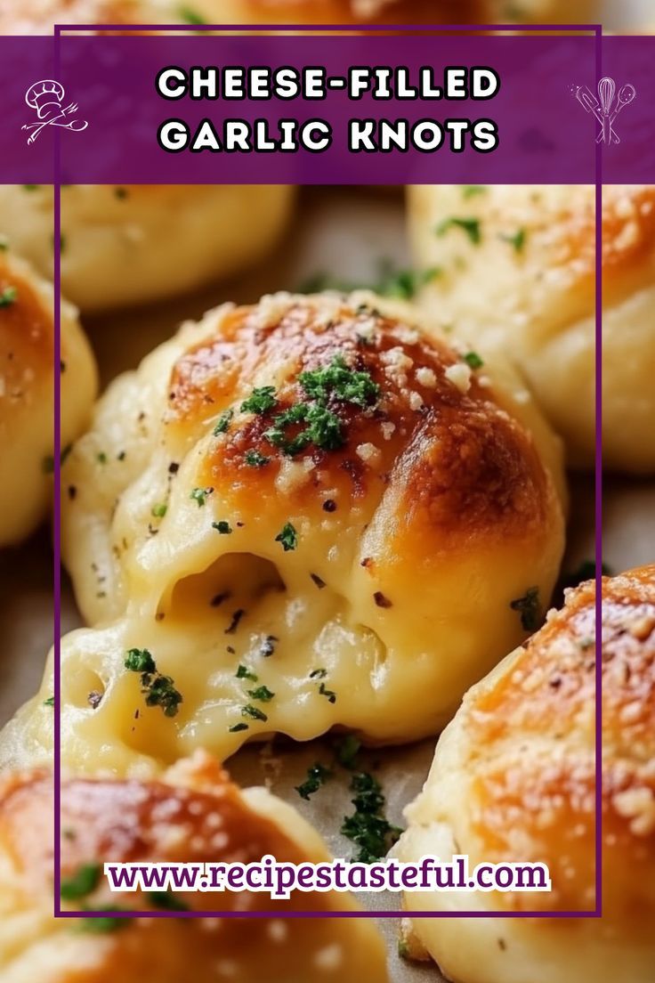 cheese - filled garlic knots with parsley sprinkled on top and in the middle