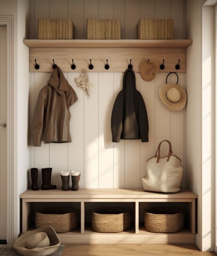 a wooden bench sitting next to a wall filled with hats and coats on top of it