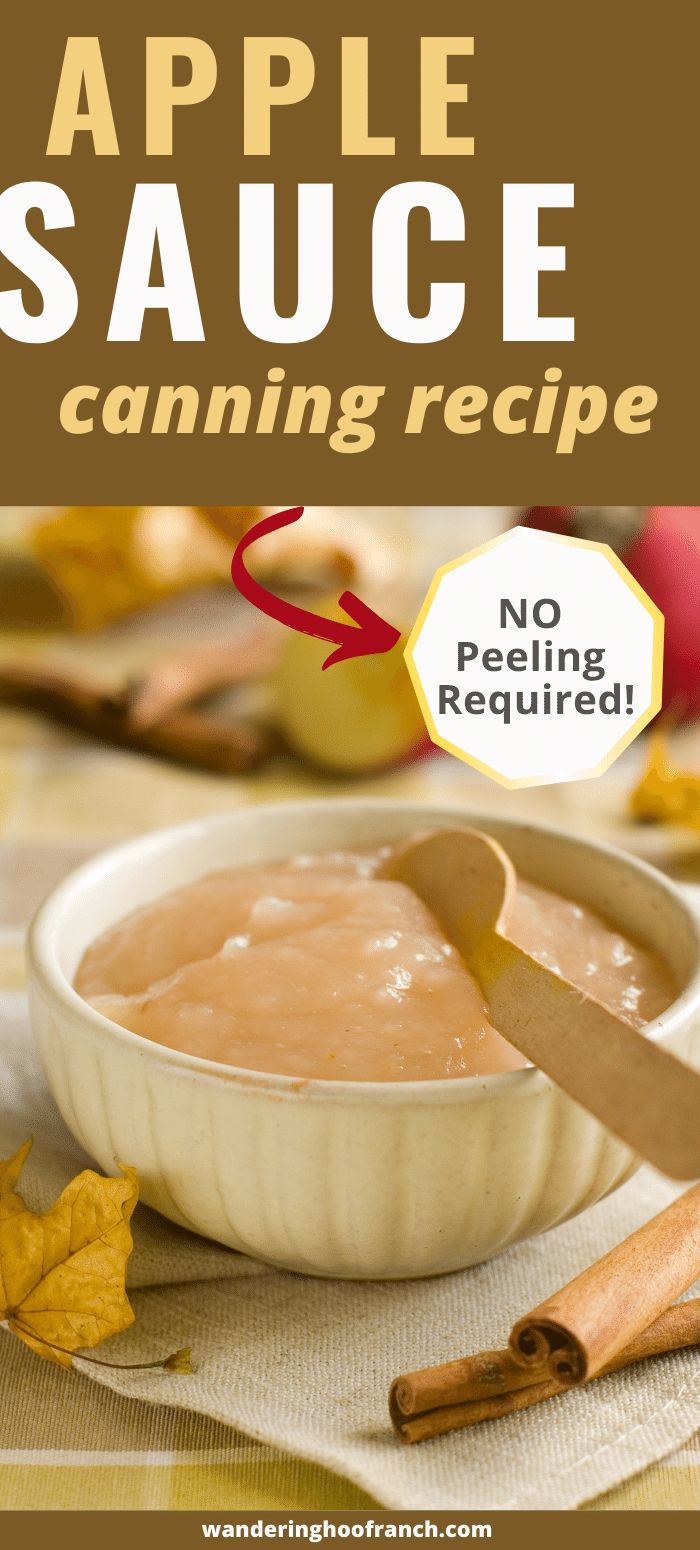 an apple sauce in a white bowl with cinnamon stickers on it and the words, no peeling required