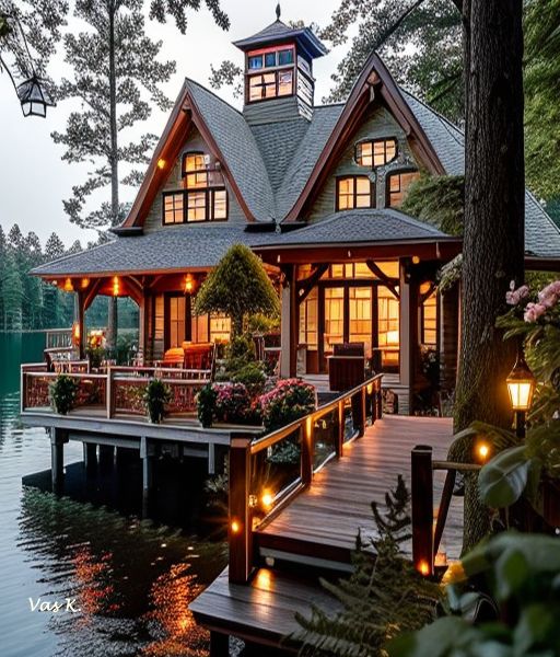 a house that is on the water with lights in front of it and trees around