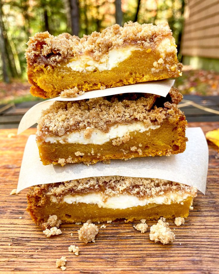 three pieces of pumpkin pie stacked on top of each other