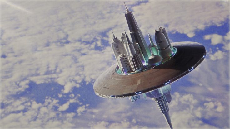 a space ship floating in the sky with other ships on it's back end