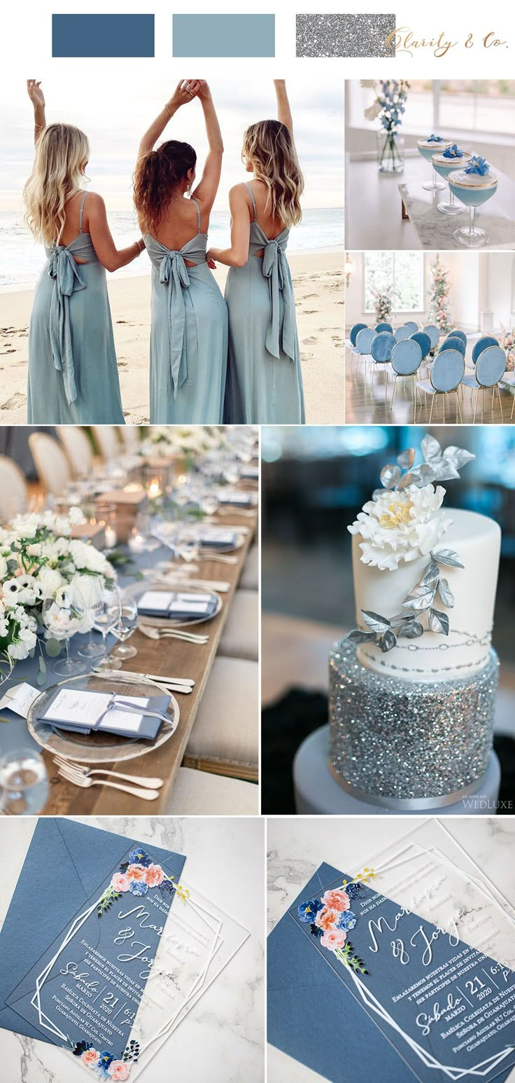 two women in blue dresses standing next to each other near a table with silver and white decorations