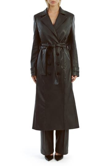 Update your outerwear portfolio with this sleek faux-leather trench coat featuring a classic notched collar and a matching tie belt. 48" length (size Small) Front button closure Notched collar Front welt pockets Removable tie belt Back vent Lined 55% polyester, 45% cotton with polyurethane coating Hand wash, line dry Imported Fitted Leather Jacket With Belted Cuffs, Sleek Formal Outerwear With Belted Cuffs, Formal Belted Leather Jacket, Spring Faux Leather Belted Outerwear, Sleek Collared Winter Outerwear, Sleek Belted Fall Outerwear, Sleek Belted Outerwear For Fall, Elegant Fitted Belted Leather Jacket, Elegant Belted Leather Jacket For Office