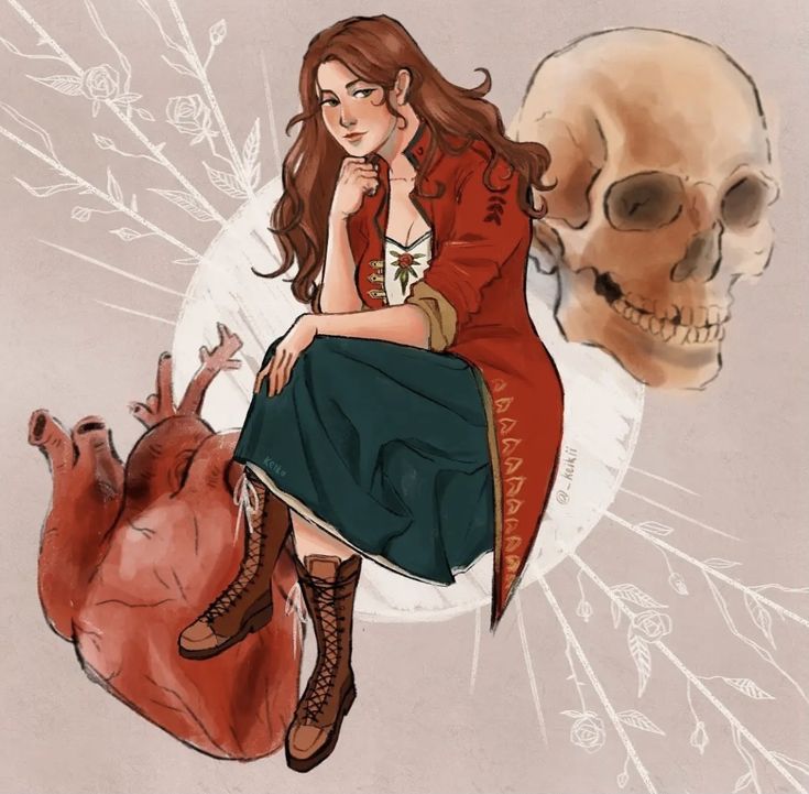 a woman sitting on top of a heart next to a human skull and skeleton head