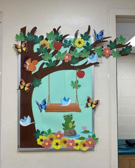 a classroom door decorated with paper flowers, butterflies and a frog on a swing hanging from a tree